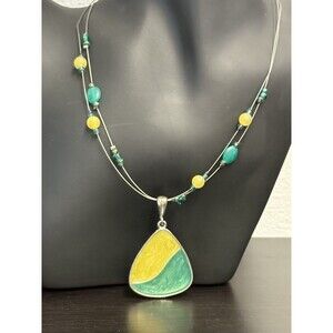 Vintage Green Yellow Enamel Pendant On Wire Necklace And Beads Adjustable